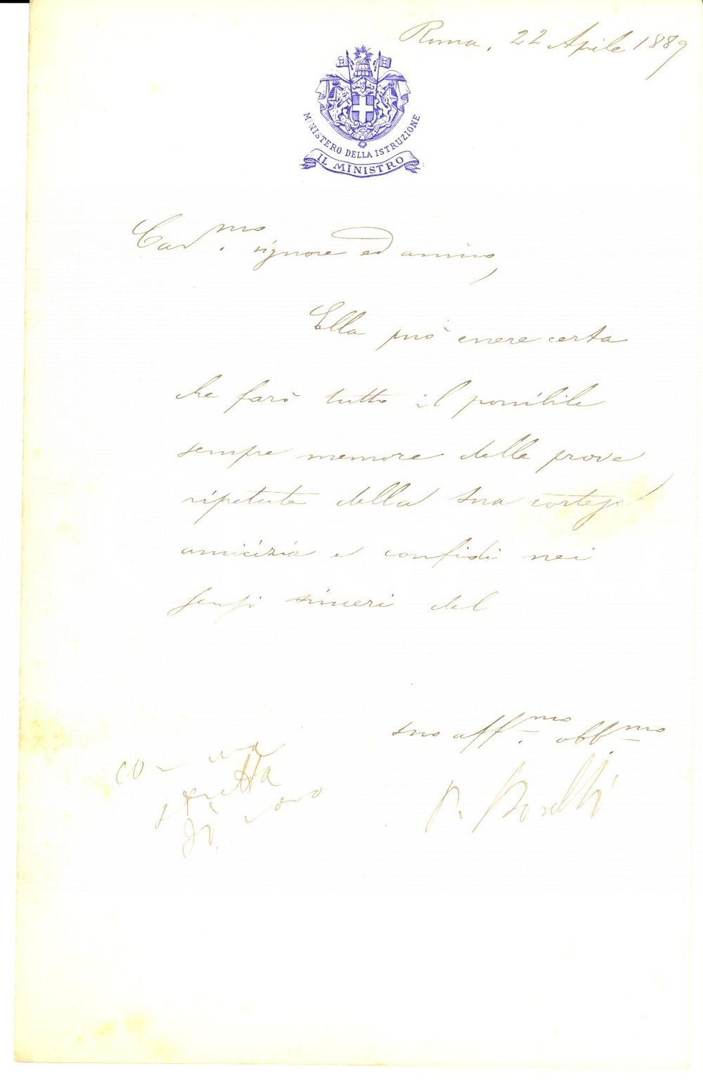 Autografo originale 1889 ROMA Paolo BOSELLI promette aiuto a un amico AUTOGRAFO 1