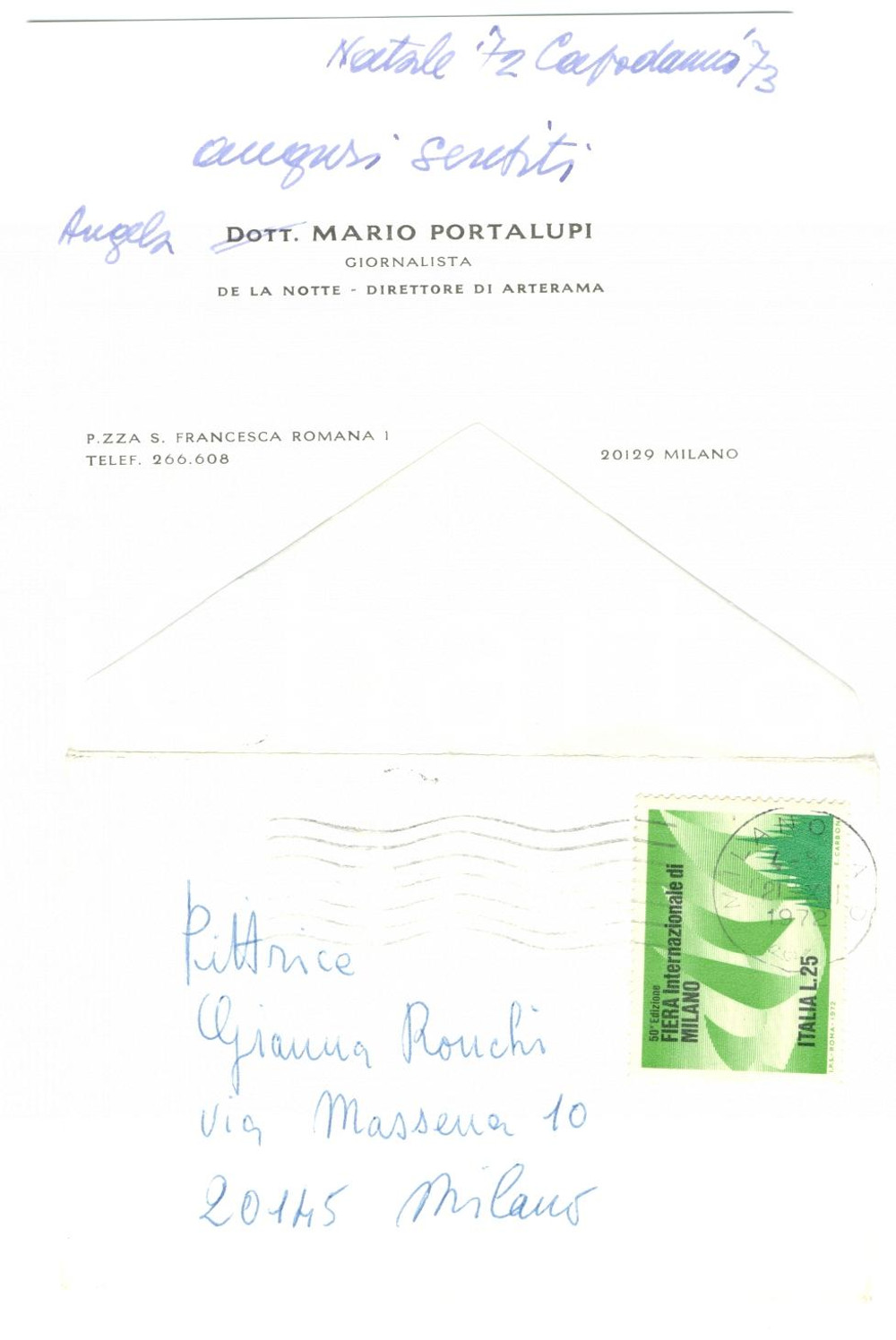 Oggetto da collezione cartaceo 1972 MILANO Auguri moglie Mario PORTALUPI a Gianna RONCHI 1