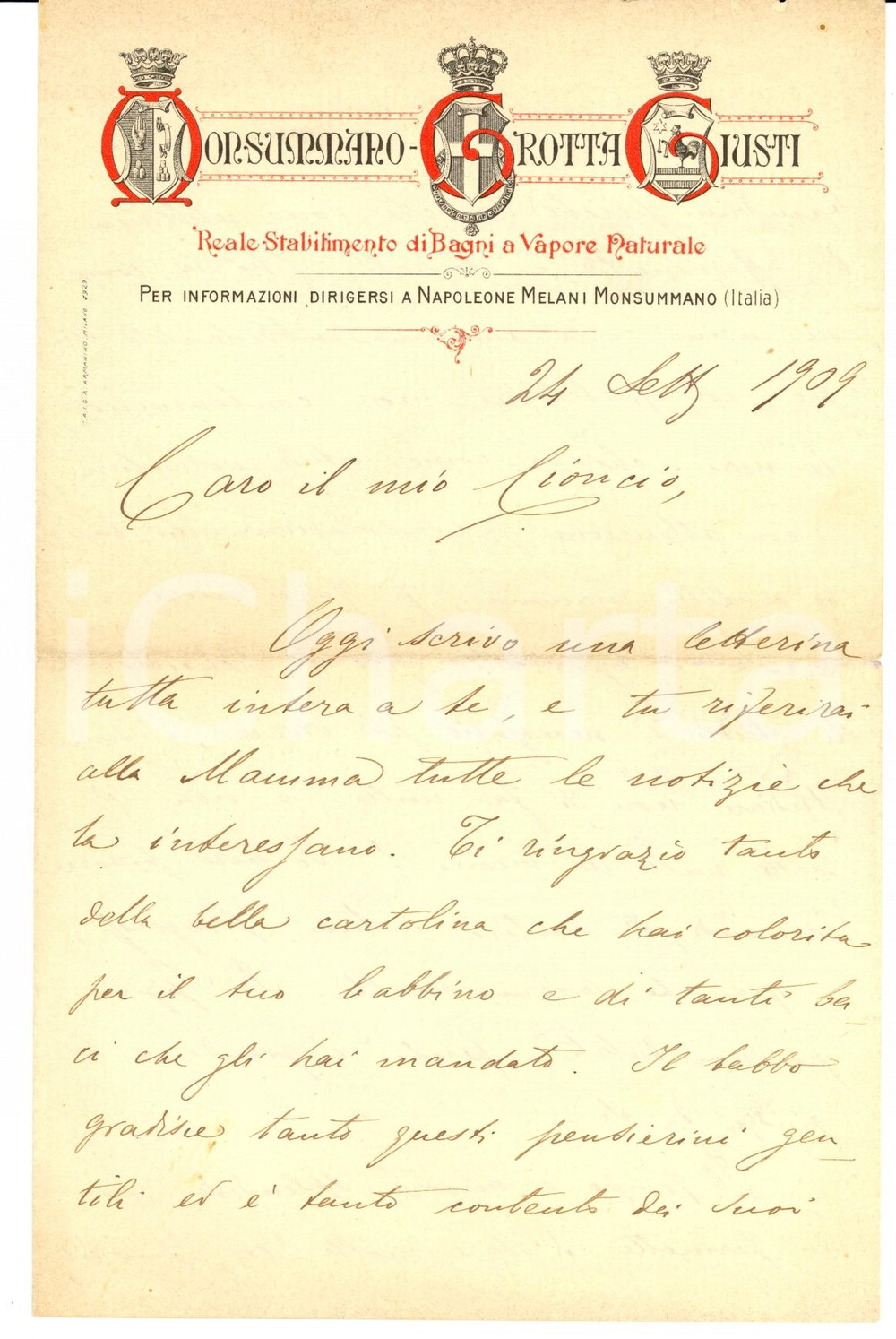 Manoscritto, lettera originale 1909 MONSUMMANO PT GROTTA GIUSTI Un padre in cura alle terme Lettera 1