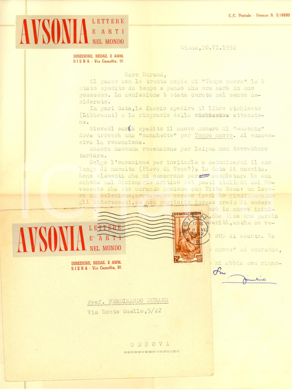 Autografo originale 1952 SIENA Rivista AUSONIA Luigi FIORENTINO contro i poeti del  900 Autografo 1