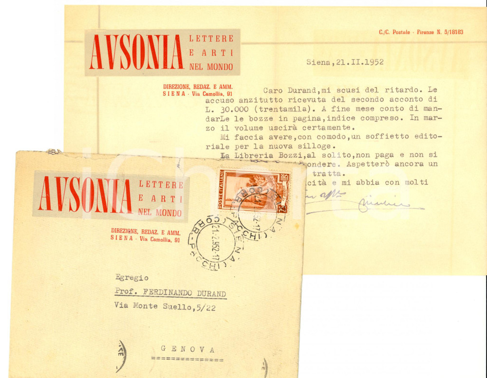 Autografo originale 1952 Rivista AUSONIA Luigi FIORENTINO chiede soffietto editoriale Autografo 1