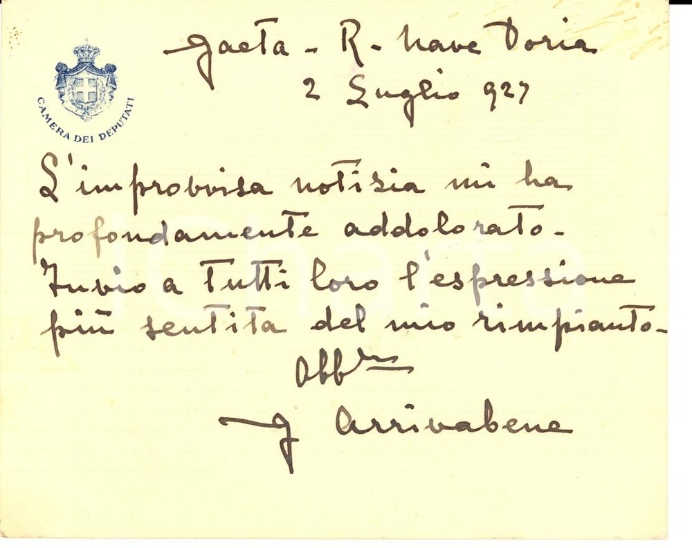 Autografo originale 1927 GAETA NA ANDREA DORIA Biglietto on. Giberto ARRIVABENE VALENTI GONZAGA 1