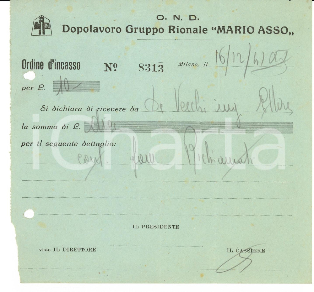 Documento originale, autentico 1941 OND MILANO Ricevuta Gruppo Rionale MARIO ASSO 1