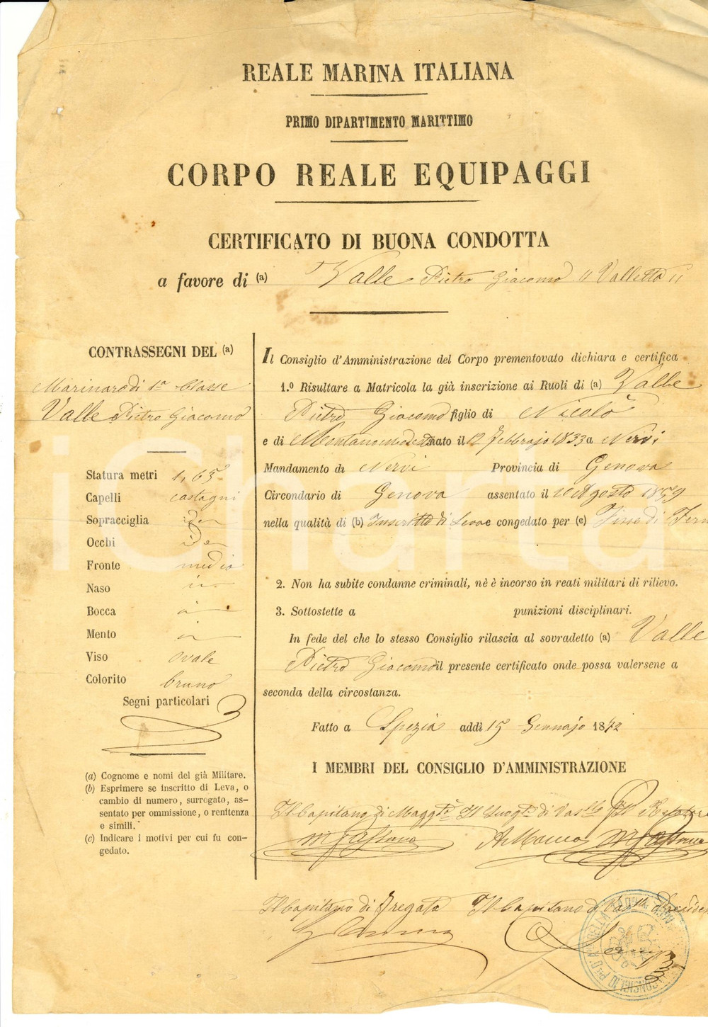 Documento originale, autentico 1872 REALE MARINA LA SPEZIA Buona condotta marinaio Pietro Giacomo VALLE 1
