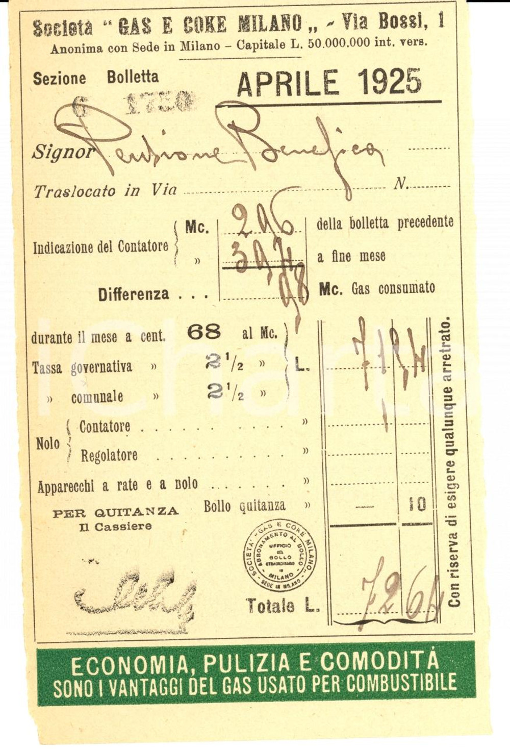 Documento originale, autentico 1925 MILANO SocietÃ  GAS E COKE Bolletta pubblicitaria Ricevuta 1