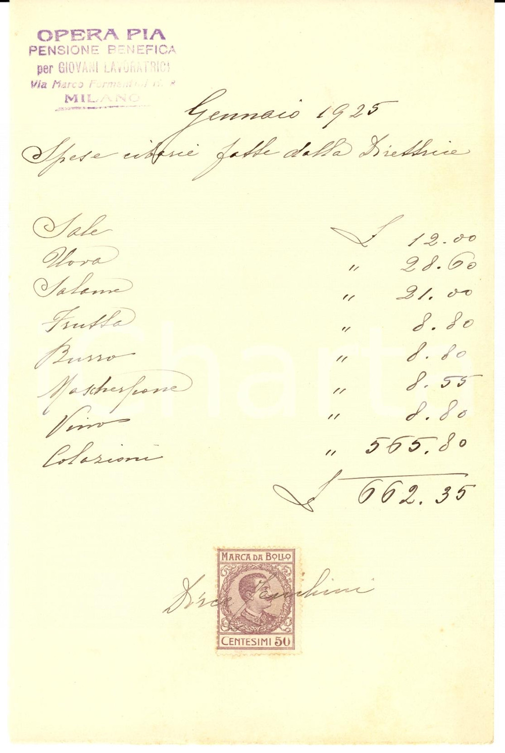 Documento originale, autentico 1925 MILANO Pensione Benefica via FORMENTINI Cibarie alla Direttrice 1