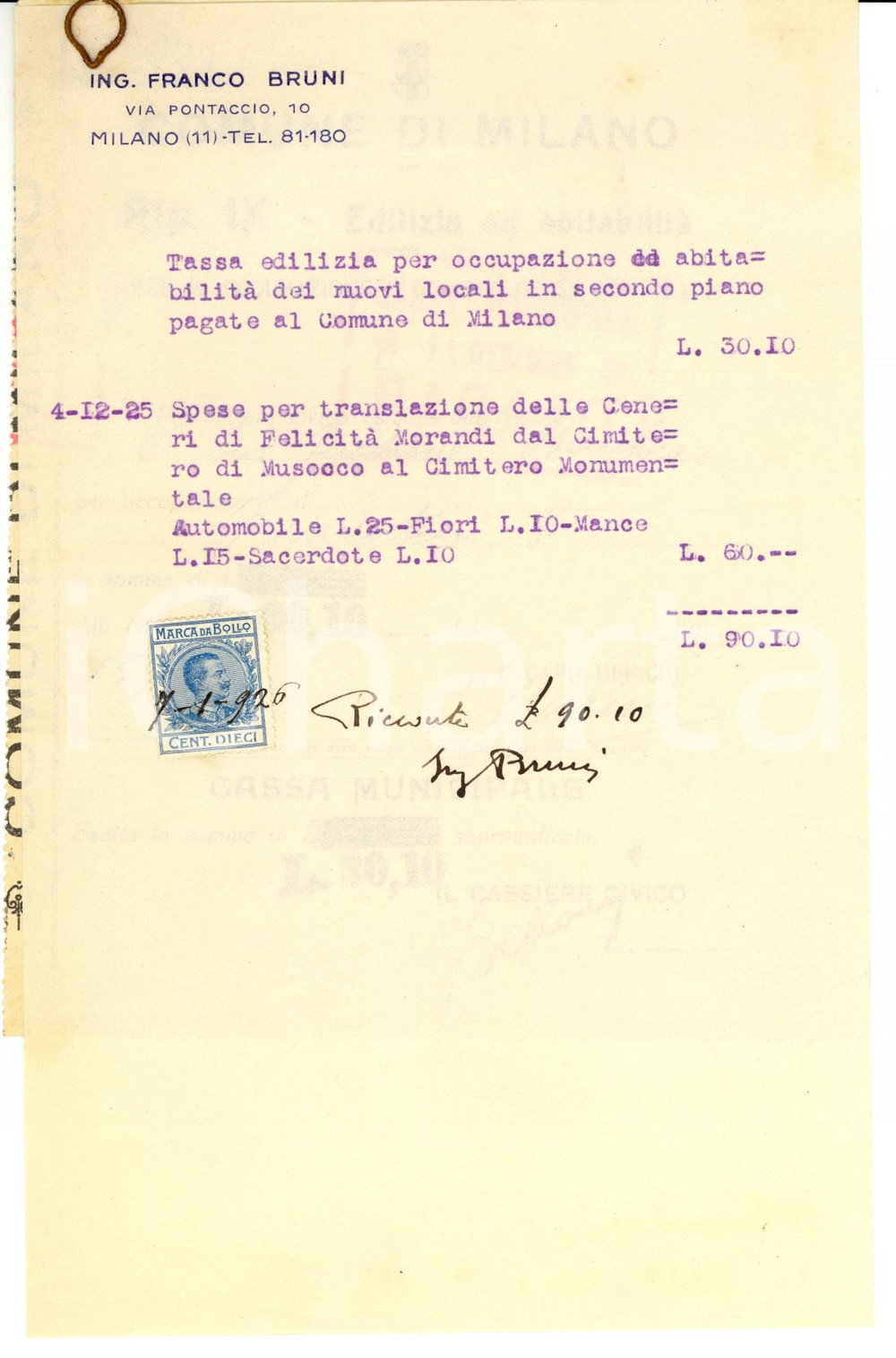 Documento originale, autentico 1925 MILANO Via Pontaccio Ing. Franco BRUNI Autografo 1