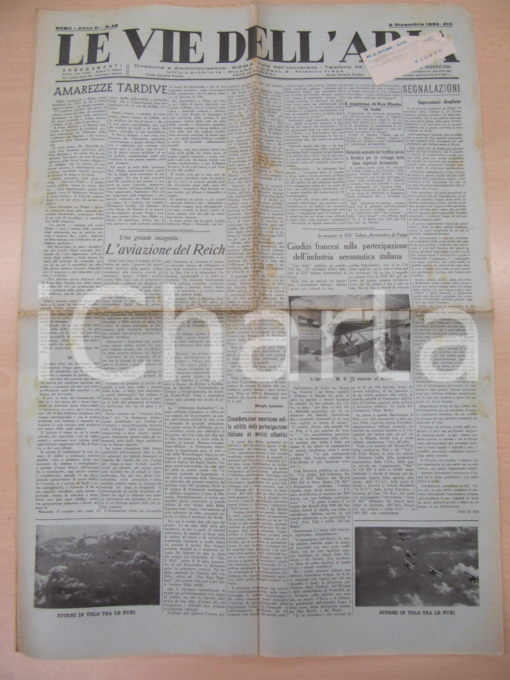 Giornale, rivista storica 1934 LE VIE DELL ARIA Preparativi occulti aviazione TERZO REICH Giornale 1