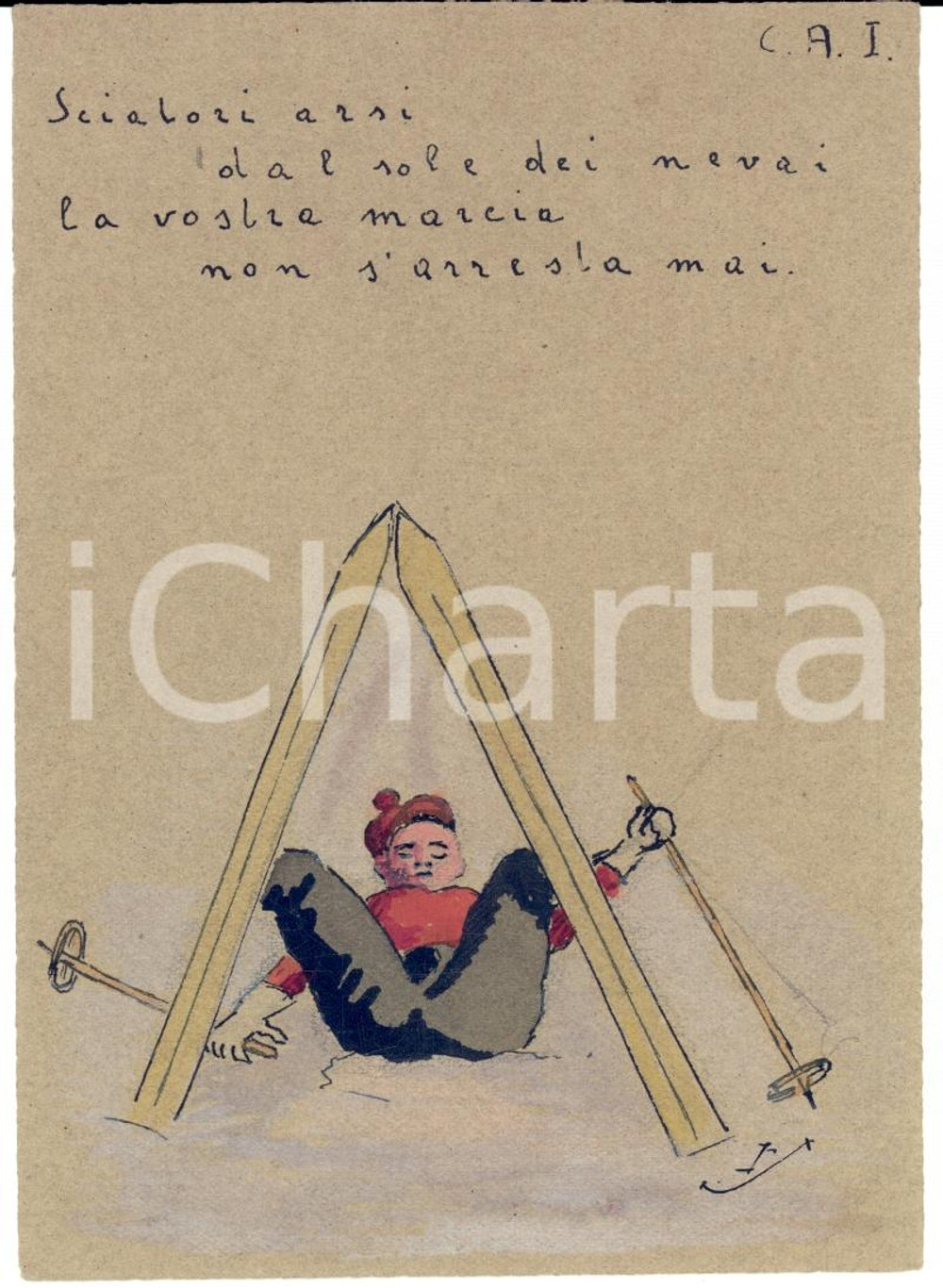Stampa, bozzetto originale 1920 ca CAI Sciatori arsi dal sole Bozzetto cartolina ACQUERELLATA A MANO 1