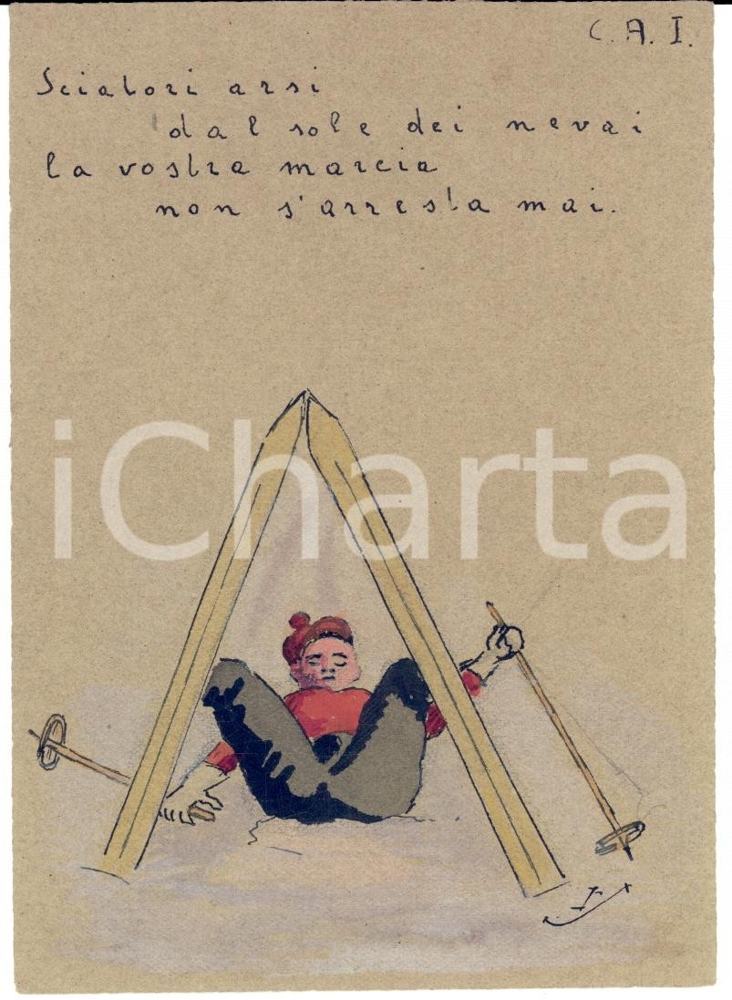 Stampa, bozzetto originale 1930 ca CAI Sciatori arsi dal sole Bozzetto cartolina ACQUERELLATA A MANO 1