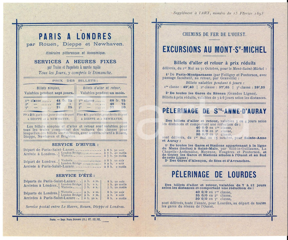 Oggetto da collezione cartaceo 1892 Compagnie CHEMINS DE FER DE L OUEST Volantino escursioni e pellegrinaggi 1