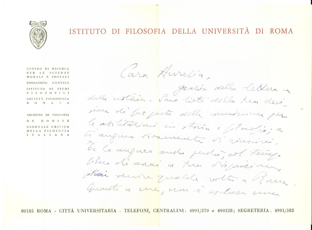 Autografo originale 1968 ROMA Istituto di Filosofia Lettera Ugo SPIRITO a un amica Autografo 1