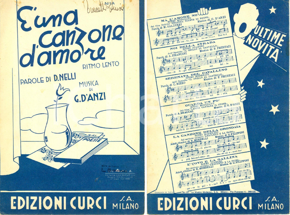 Oggetto da collezione cartaceo 1942 NELLI  Giuseppe D ANZI E  una canzone d amore Spartito Edizioni CURCI 1