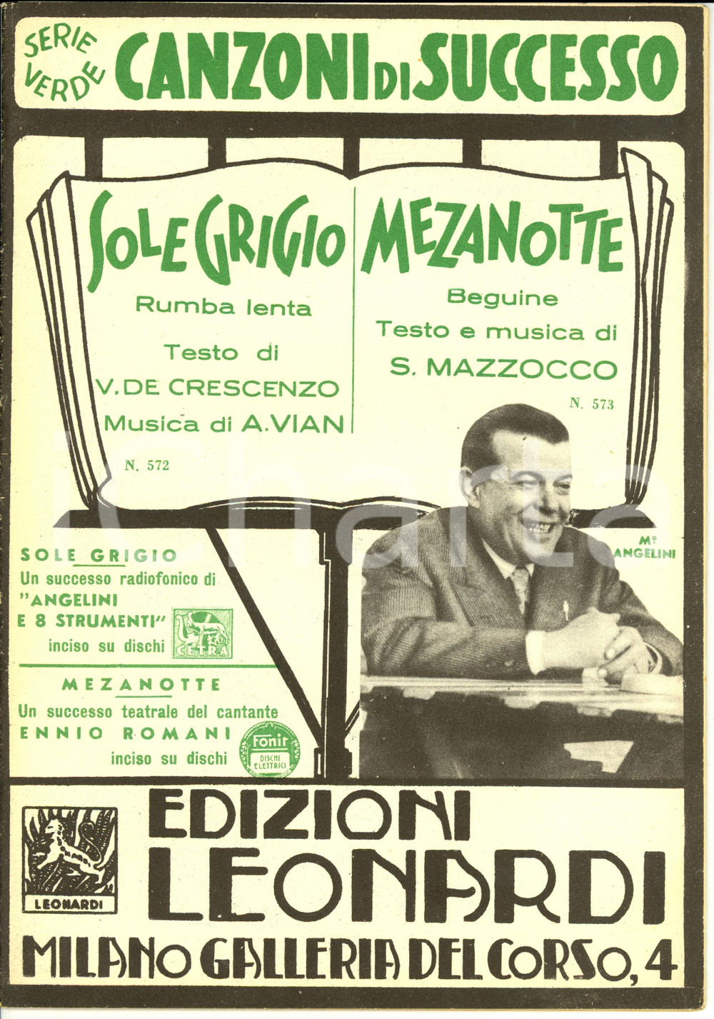 Oggetto da collezione cartaceo 1952 Antonio VIAN Vincenzo DE CRESCENZO Solegrigio  Mezanotte Spartito 1