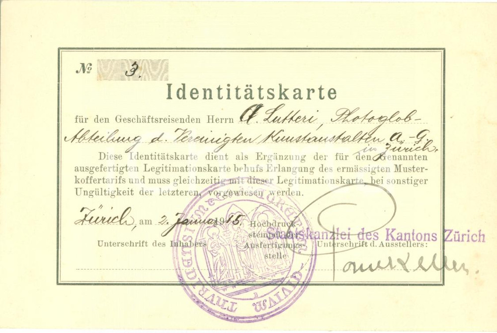 Documento originale, autentico 1915 ZURICH CH Permesso Antonio LUTTERI VereinigtenKunstanstalten A.G. 1