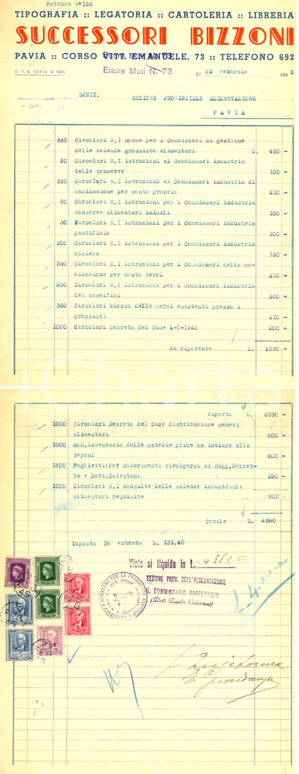 Documento originale, autentico 1945 PAVIA Tipografia Successori BIZZONI a Sezione Alimentazione Fattura 1
