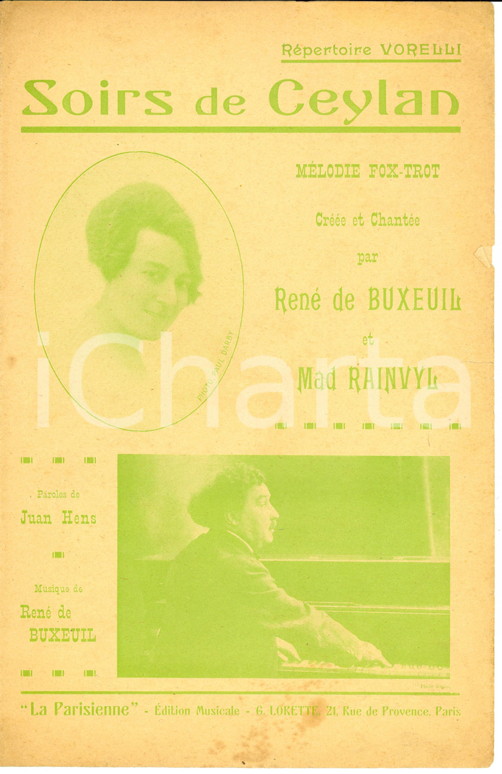 Oggetto da collezione cartaceo 1920 ca Juan HENS  RenÃ© de BUXEUIL Soirs de Ceylan Ed. La Parisienne Spartito 1