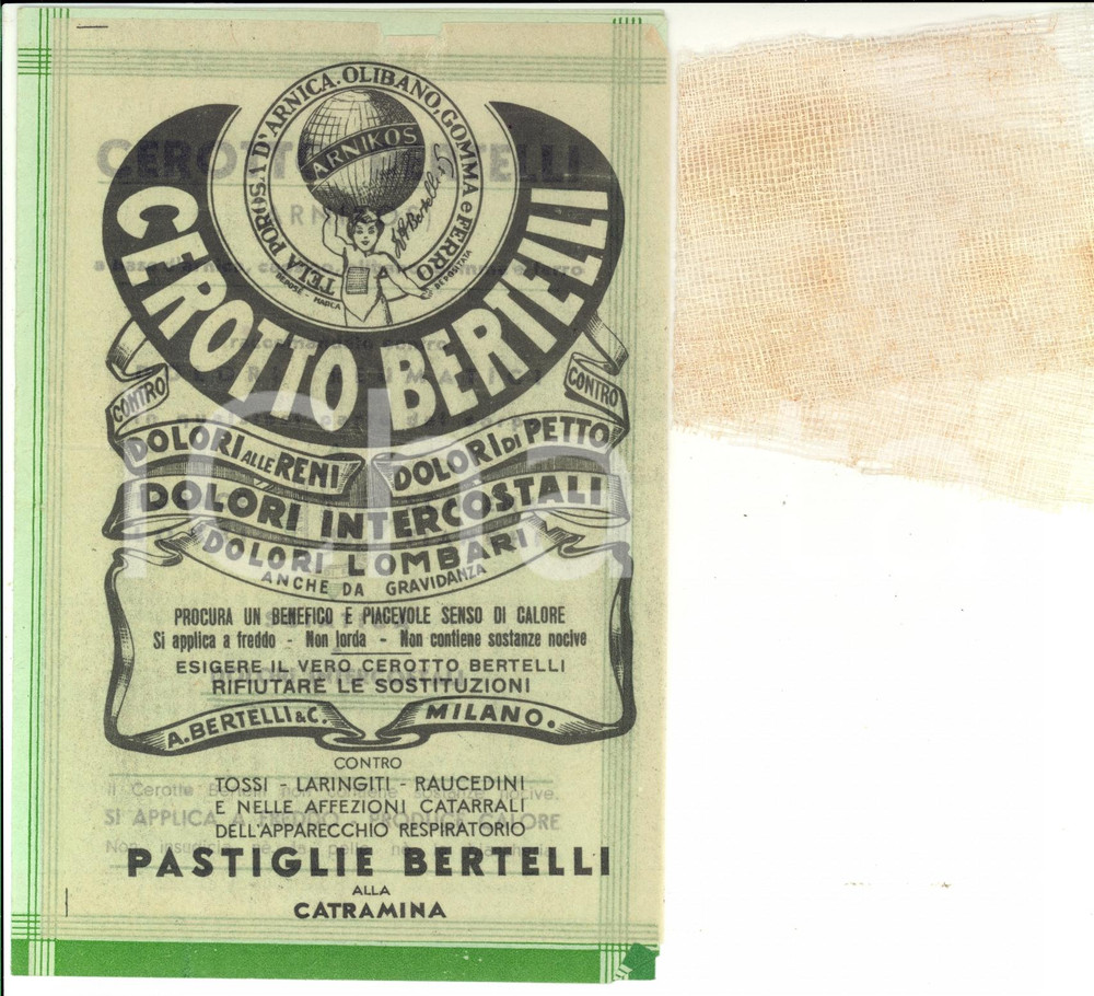Materiale pubblicitario d’epoca 1930 ca MILANO Cerotto BERTELLI all arnica ARNIKOS  GARZA ALLEGATA 1