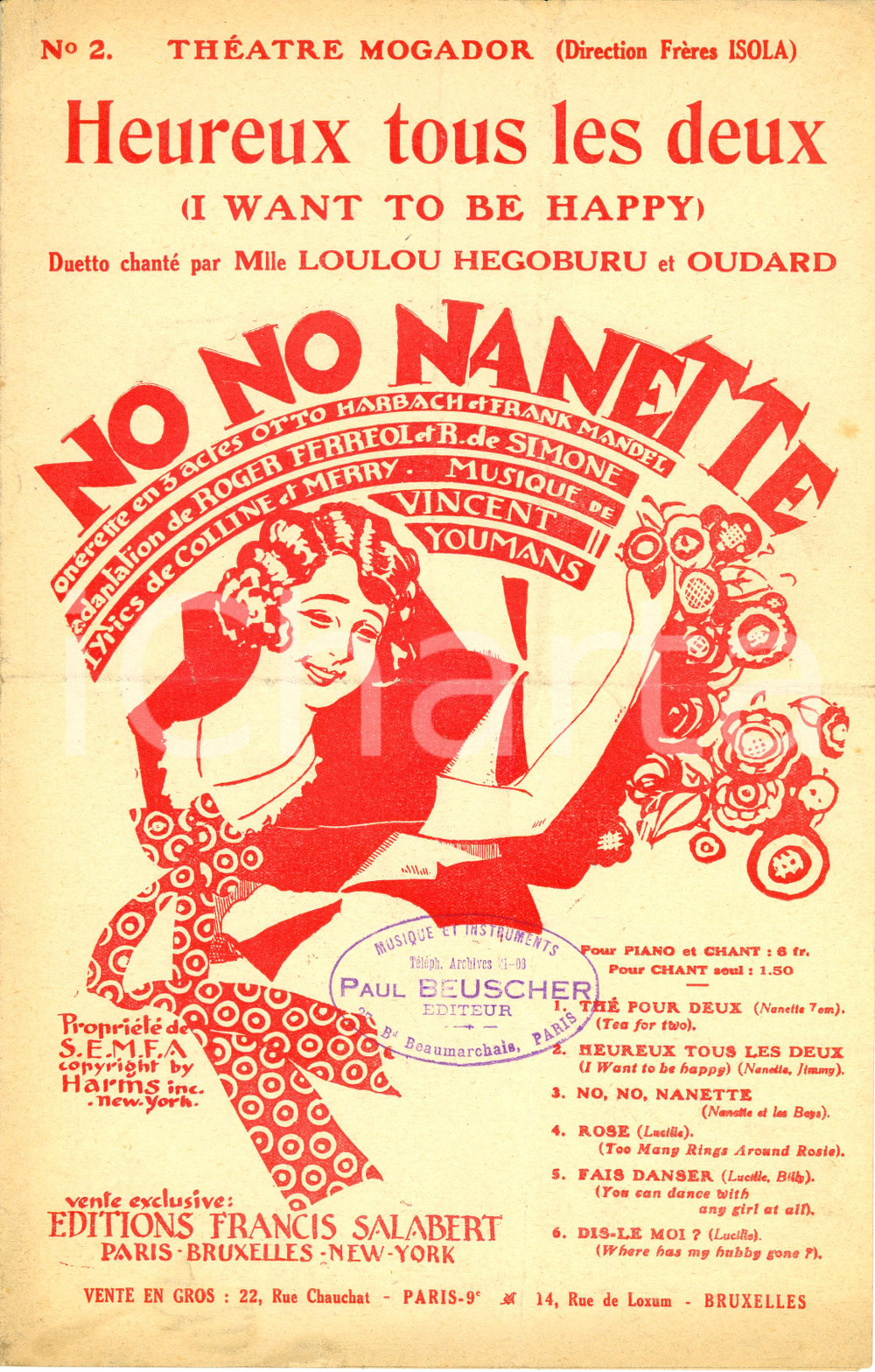 Oggetto da collezione cartaceo 1926 COLLINE e MERRY, V. YOUMANS Heureux tous les deux, duetto Spartito 1
