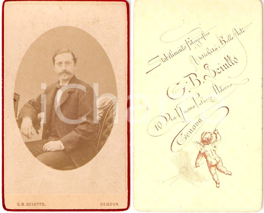 Fotografia d epoca originale 1890 ca GENOVA Ritratto gentiluomo in poltrona Fotografia G.B. SCIUTTO 1