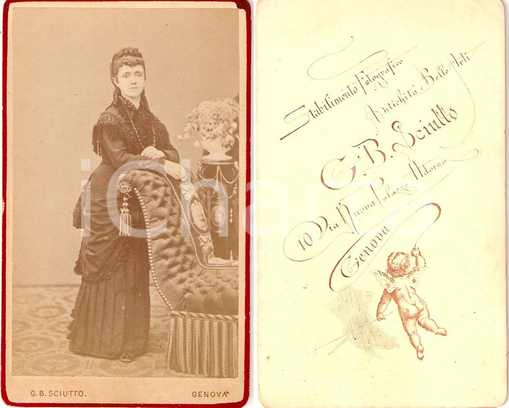 Fotografia d epoca originale 1890 ca GENOVA Ritratto donna con chaise longue Fotografia G.B. SCIUTTO 1