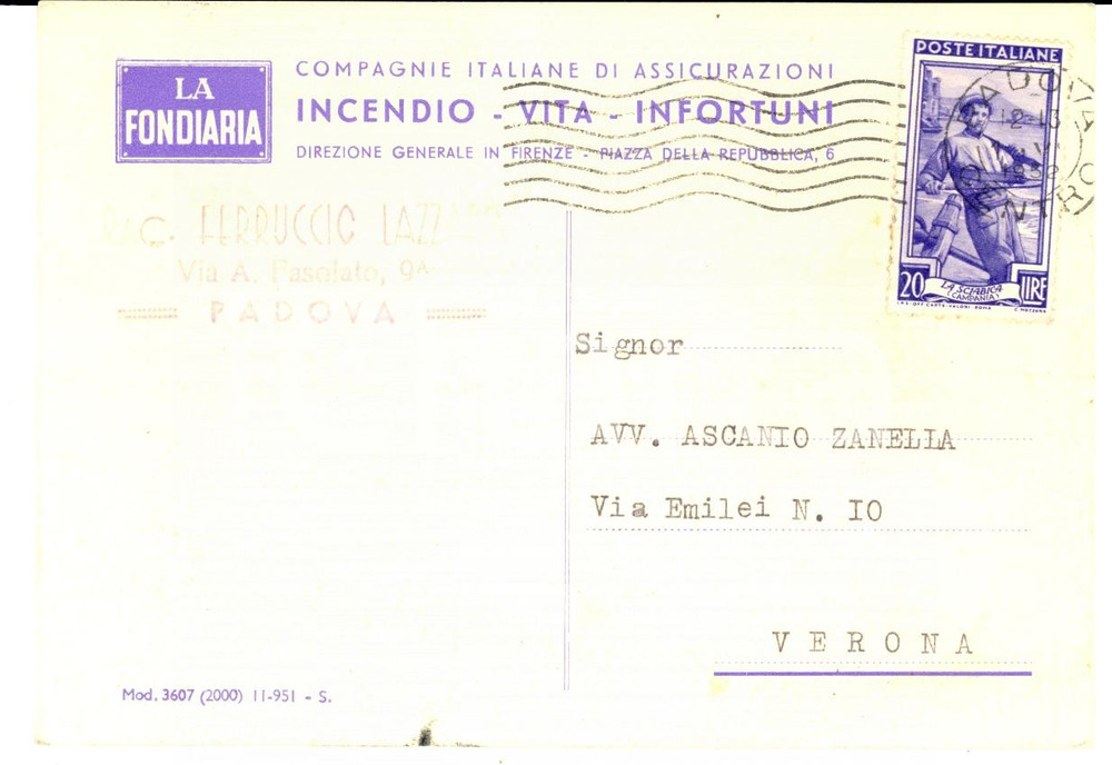 Cartolina originale da collezione 1952 FIRENZE Assicurazioni LA FONDIARIA Cartolina pubblicitaria FG VG 1