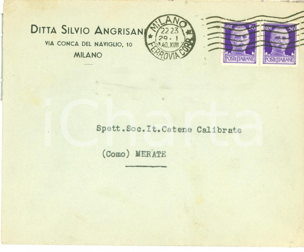 Materiale pubblicitario d’epoca 1940 MILANO Ditta Silvio ANGRISANI via CONCA DEL NAVIGLIO busta intestata VG 1