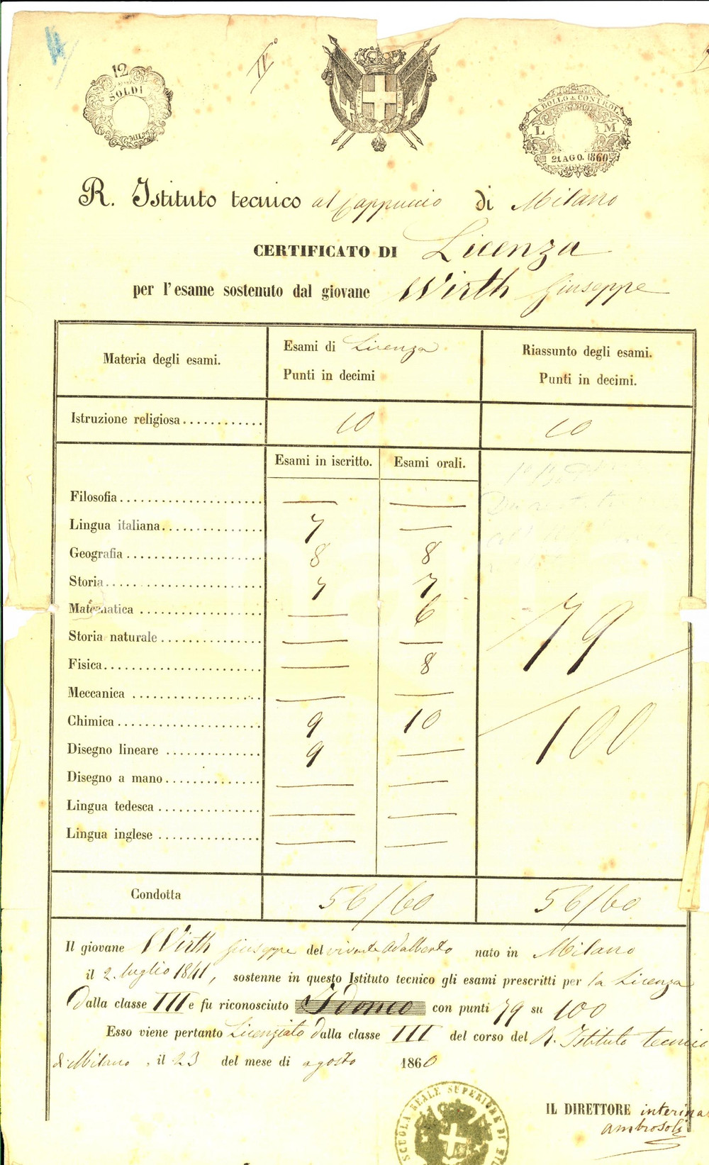 Oggetto da collezione cartaceo 1860 MILANO Via Cappuccio 2 Istituto Tecnico al CAPPUCCIO Certificato di licenza 1