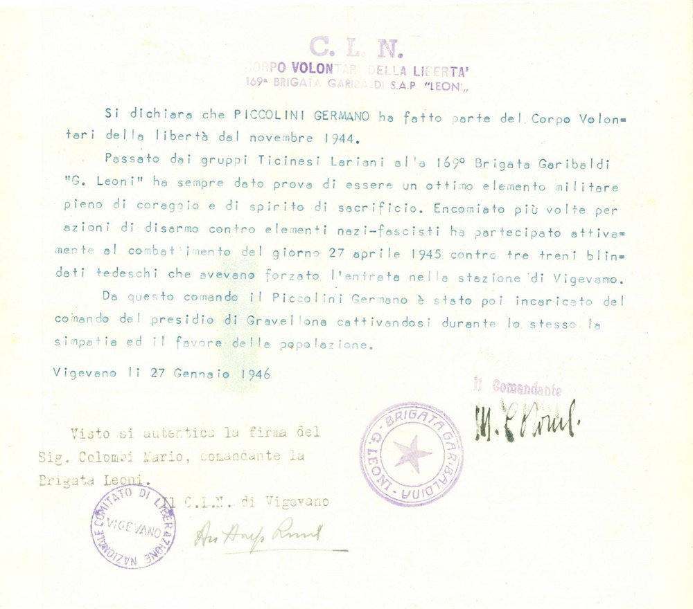 Autografo originale 1946 VIGEVANO CLN Germano PICCOLINI 169Â° Brigata LEONI Autografo Mario COLOMBI 1