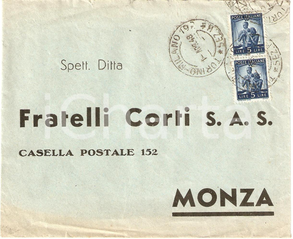 Materiale pubblicitario d’epoca 1948 MONZA Ditta Fratelli CORTI S.A.S. Vernici Busta intestata VG 1 1