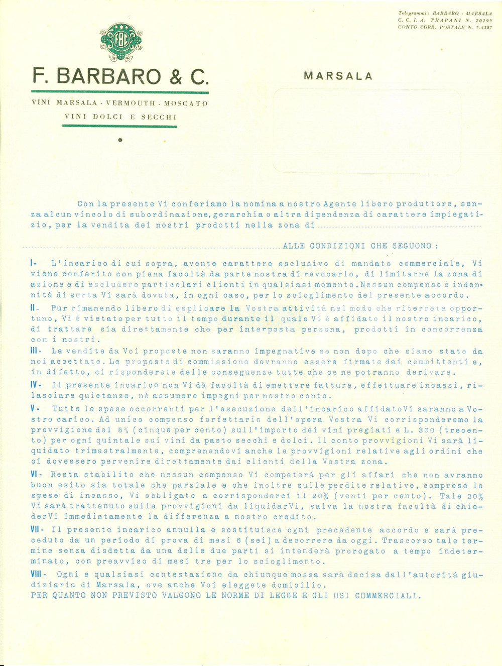 Materiale pubblicitario d’epoca 1960 MARSALA TP Ditta BARBARO & C. Vini Marsala moscato vermouth Nomina agente 1