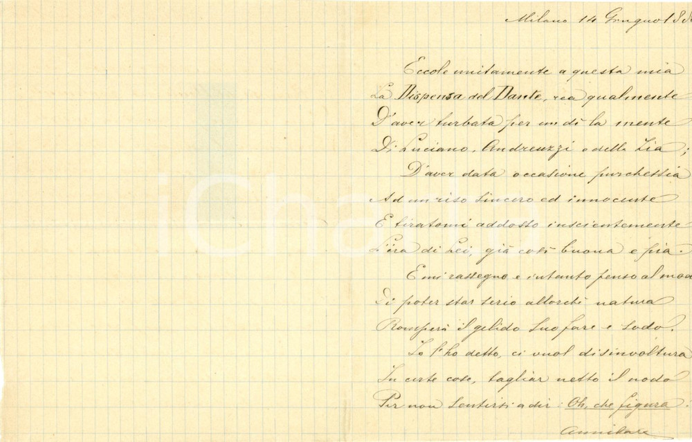 Autografo originale 1880 MILANO Annibale GHISALBERTI Invio Dispensa del DANTE Poesia inedita 1