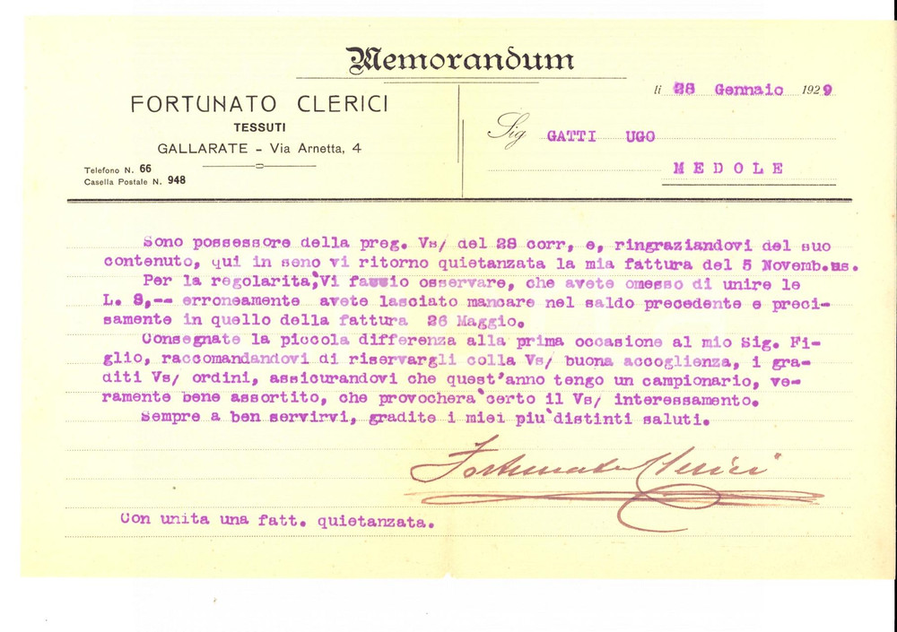 Documento originale, autentico 1929 GALLARATE VA Fortunato CLERICI Produttore tessuti Memorandum 1