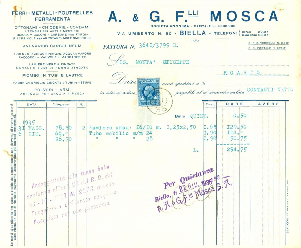 Documento originale, autentico 1935 BIELLA Società A. & G. Fratelli MOSCA Ferri metalli poutrelles Fattura 1