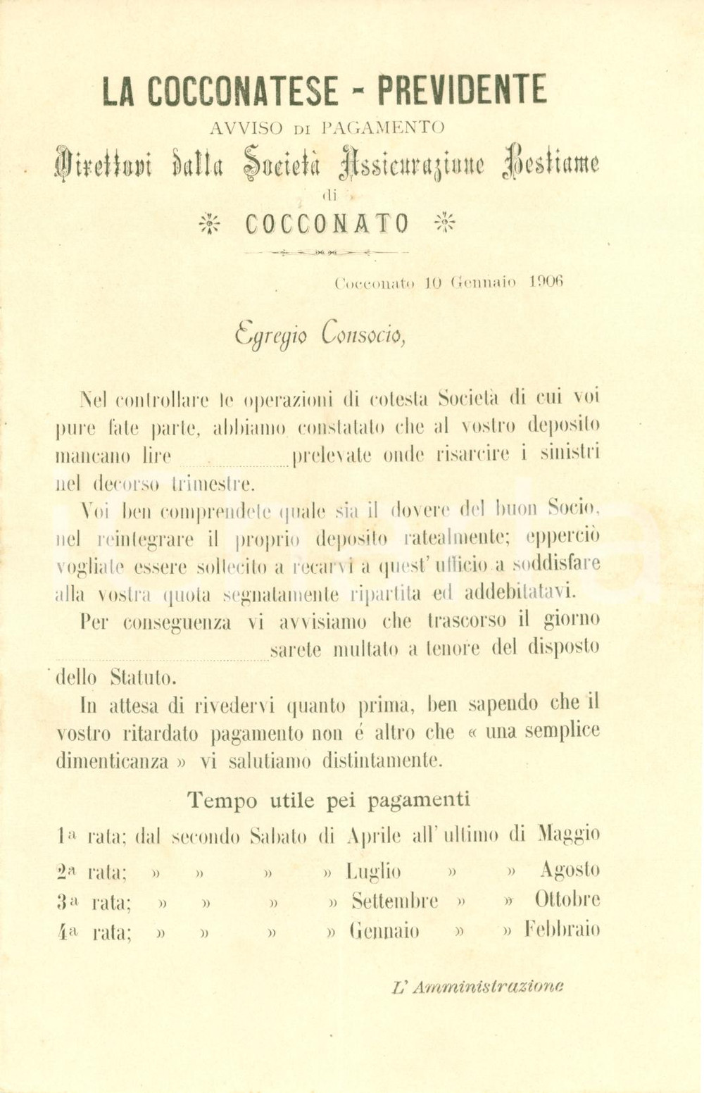 Documento originale, autentico 1906 COCCONATO AT Pagamento quota Società Assicurazione Bestiame LA COCCONATESE 1