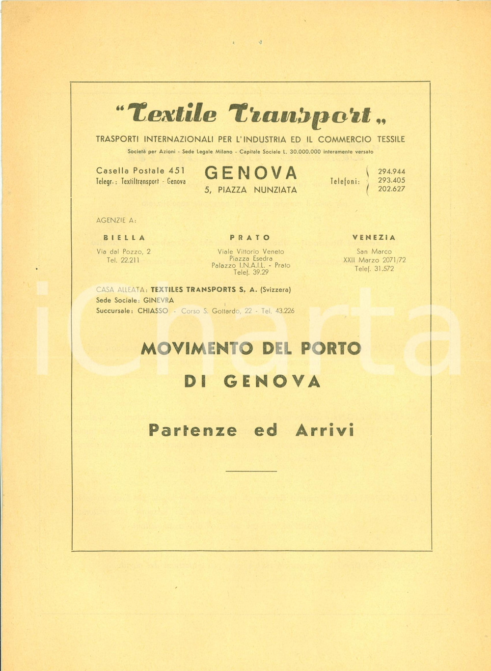 Materiale pubblicitario d’epoca 1963 GENOVA Movimenti vapori TEXTILE TRANSPORT dal porto Opuscolo 1