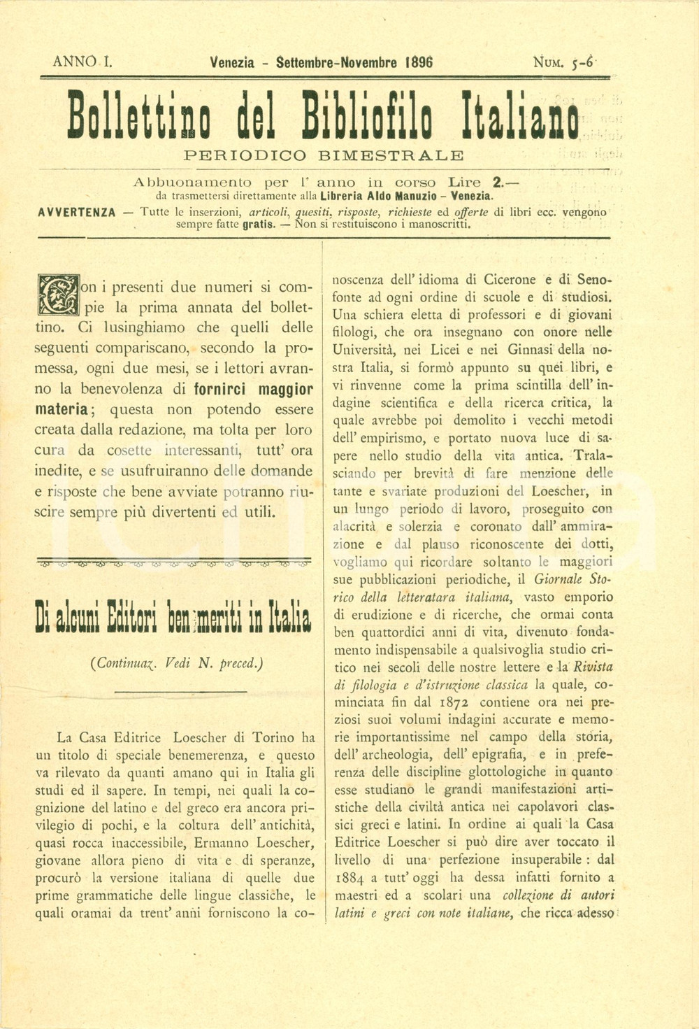 Giornale, rivista storica 1896 BOLLETTINO BIBLIOFILO Ermanno LOESCHER editore benemerito n.56 1