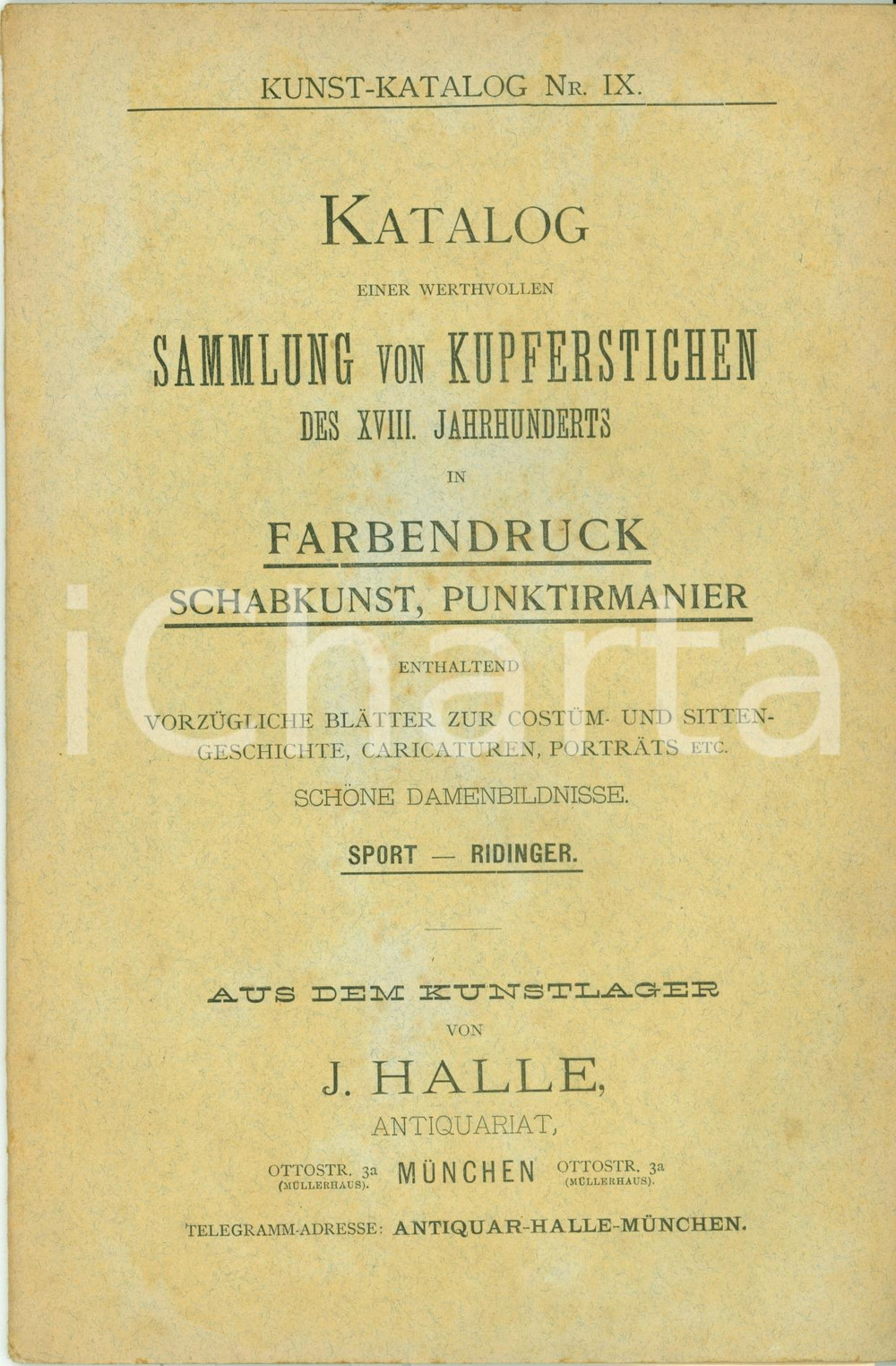 Libro, pubblicazione d epoca 1890 ca MUNCHEN DE Kunstlager HALLE Katalog Farbendruck Sport 1