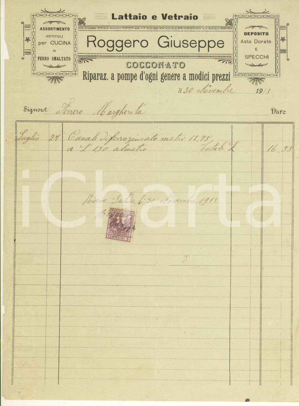 Documento originale, autentico 1913 COCCONATO AT Giuseppe ROGGERO riparazione pompe Fattura 1