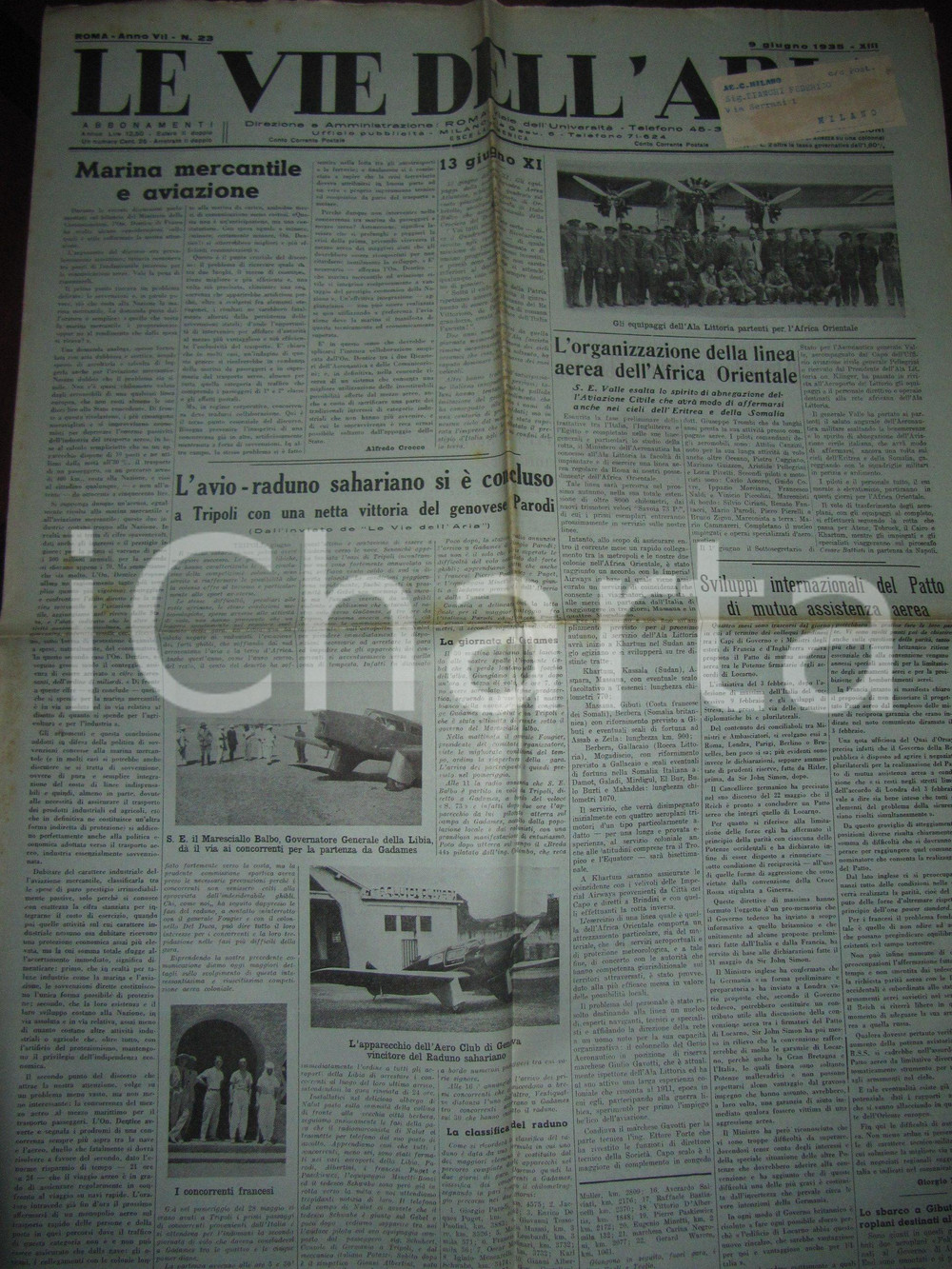 Giornale, rivista storica 1935 VIE DELL ARIA Genovese Giorgio PARODI vince avioraduno TRIPOLI Giornale 1