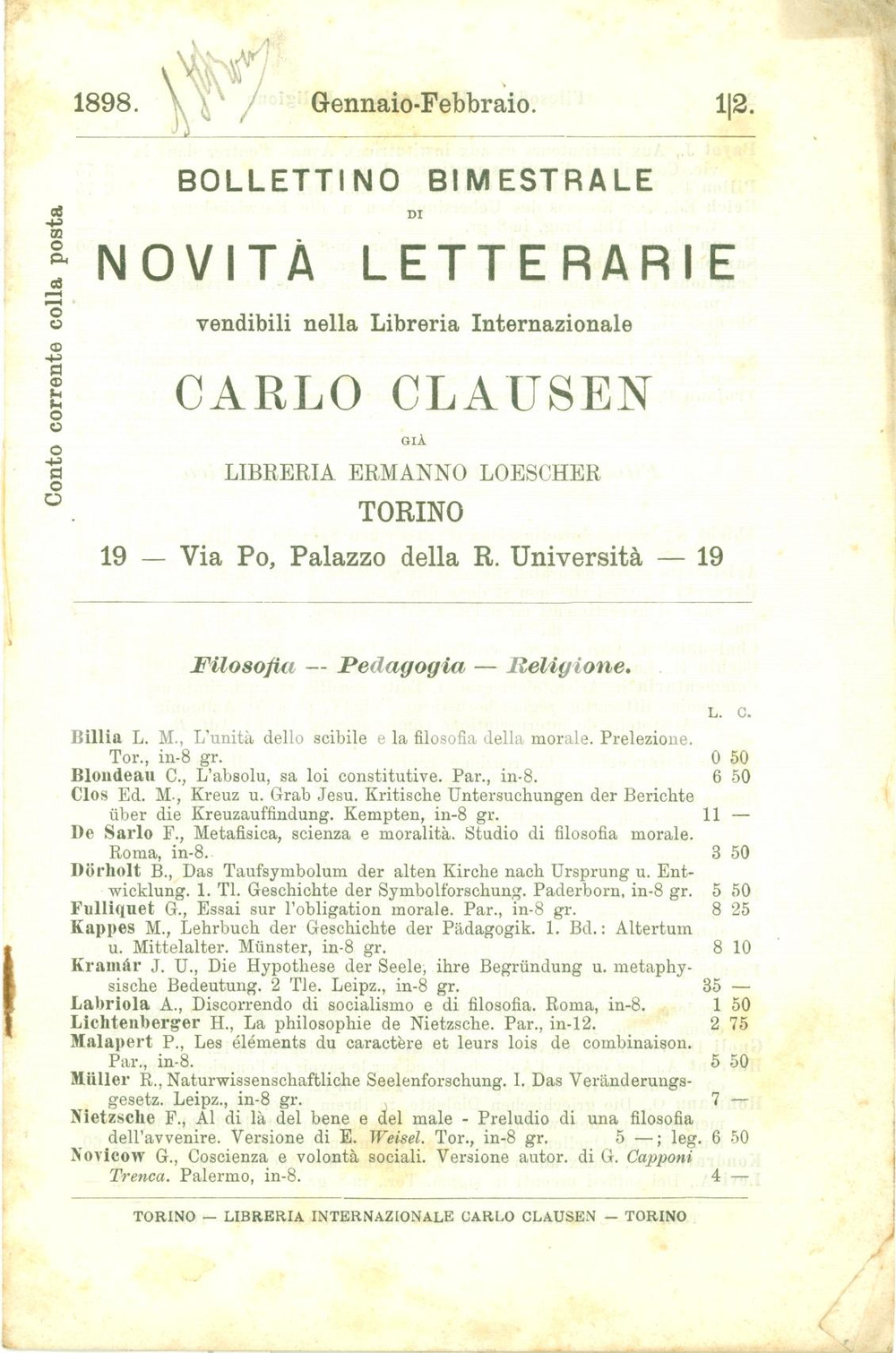 Libro, pubblicazione d epoca 1898 TORINO Catalogo Libreria Internazionale Carlo CLAUSEN già LOESCHER 1
