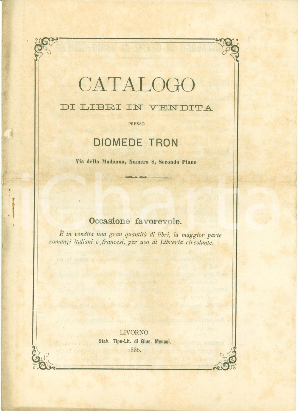 Libro, pubblicazione d epoca 1886 LIVORNO Catalogo Libreria Diomede TRON Libri di occasione 1
