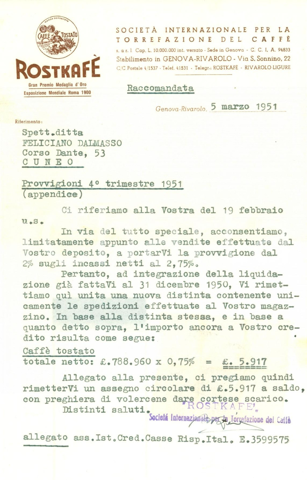 Manoscritto, lettera originale 1951 GENOVA Spedizione carico caffé ROSTKAFE   Lettera 1