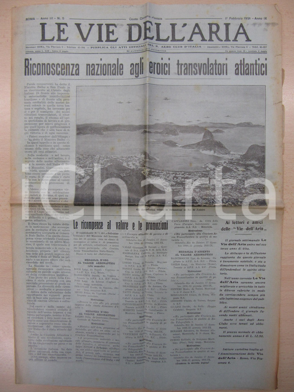 Giornale, rivista storica 1931 LE VIE DELL ARIA Premiati gli eroici trasvolatori per il BRASILE Giornale 1