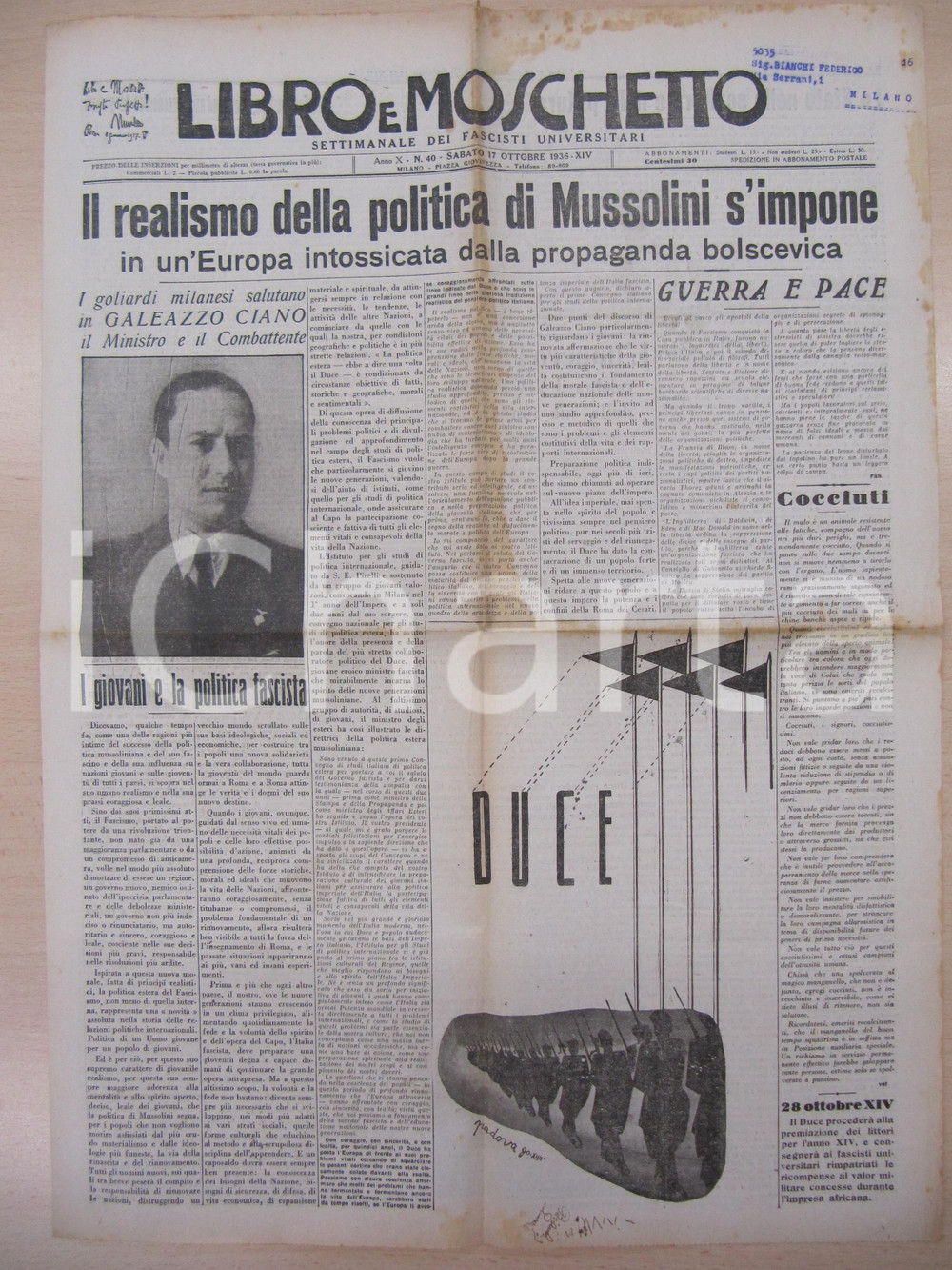Giornale, rivista storica 1936 LIBRO E MOSCHETTO Realpolitik di MUSSOLINI nell Europa BOLSCEVICA 1