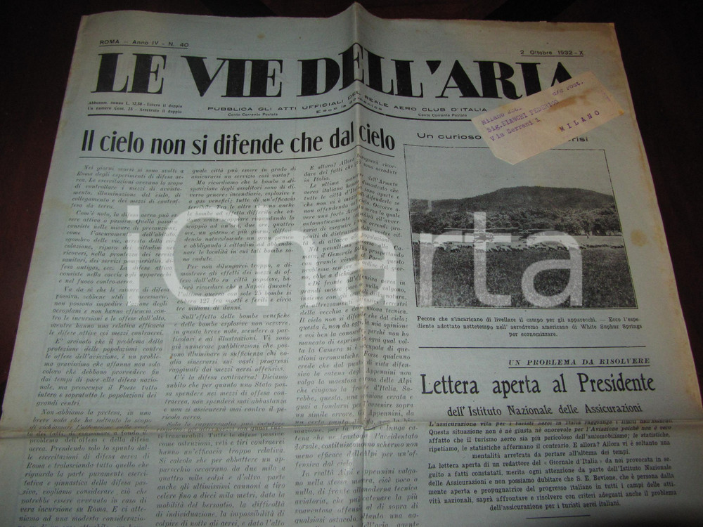 Giornale, rivista storica 1932 LE VIE DELL ARIA Cielo non si difende che dal cielo GIORNALE guerra aerea 1