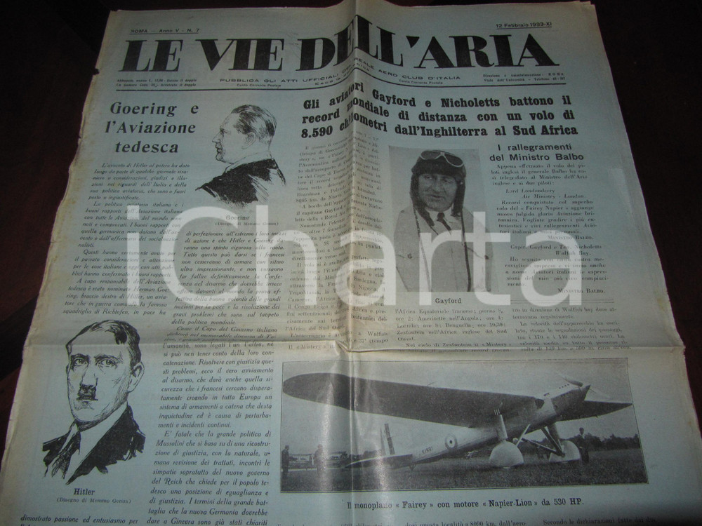Giornale, rivista storica 1933 LE VIE DELL ARIA Hermann GOERING nuovo capo aviazione di HITLER Giornale 1