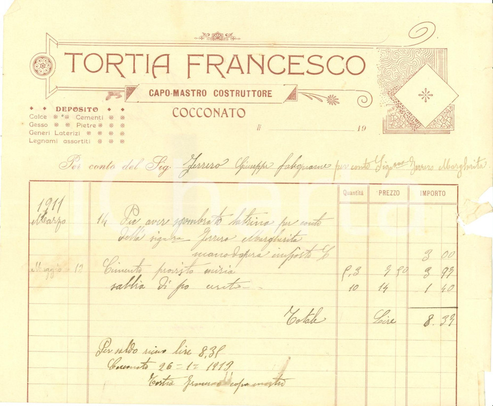 Documento originale, autentico 1911 COCCONATO AT Francesco TORTIA capomastro sgombero latrina Fattura 1