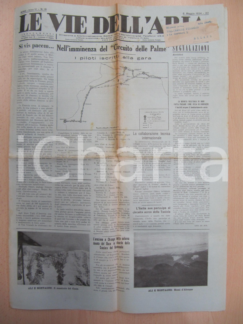 Giornale, rivista storica 1934 LE VIE DELL ARIA Venti di guerra in EUROPA e rivolte nell isola di RODI 1