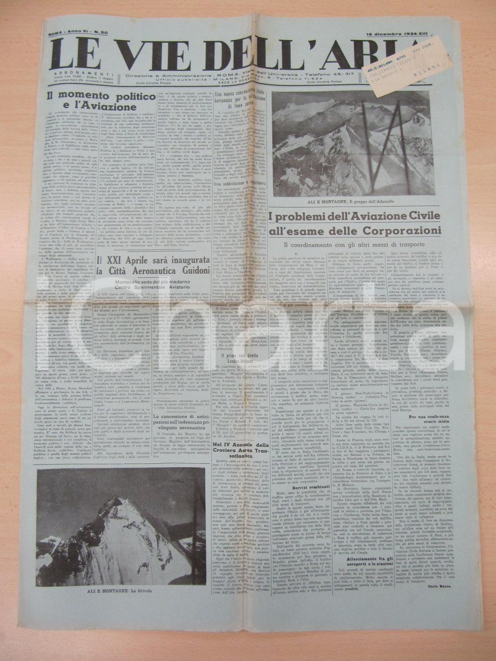 Giornale, rivista storica 1934 VIE DELL ARIA Inaugurazione Città GUIDONIA MONTECELIO Aeronautica GUIDONI 1
